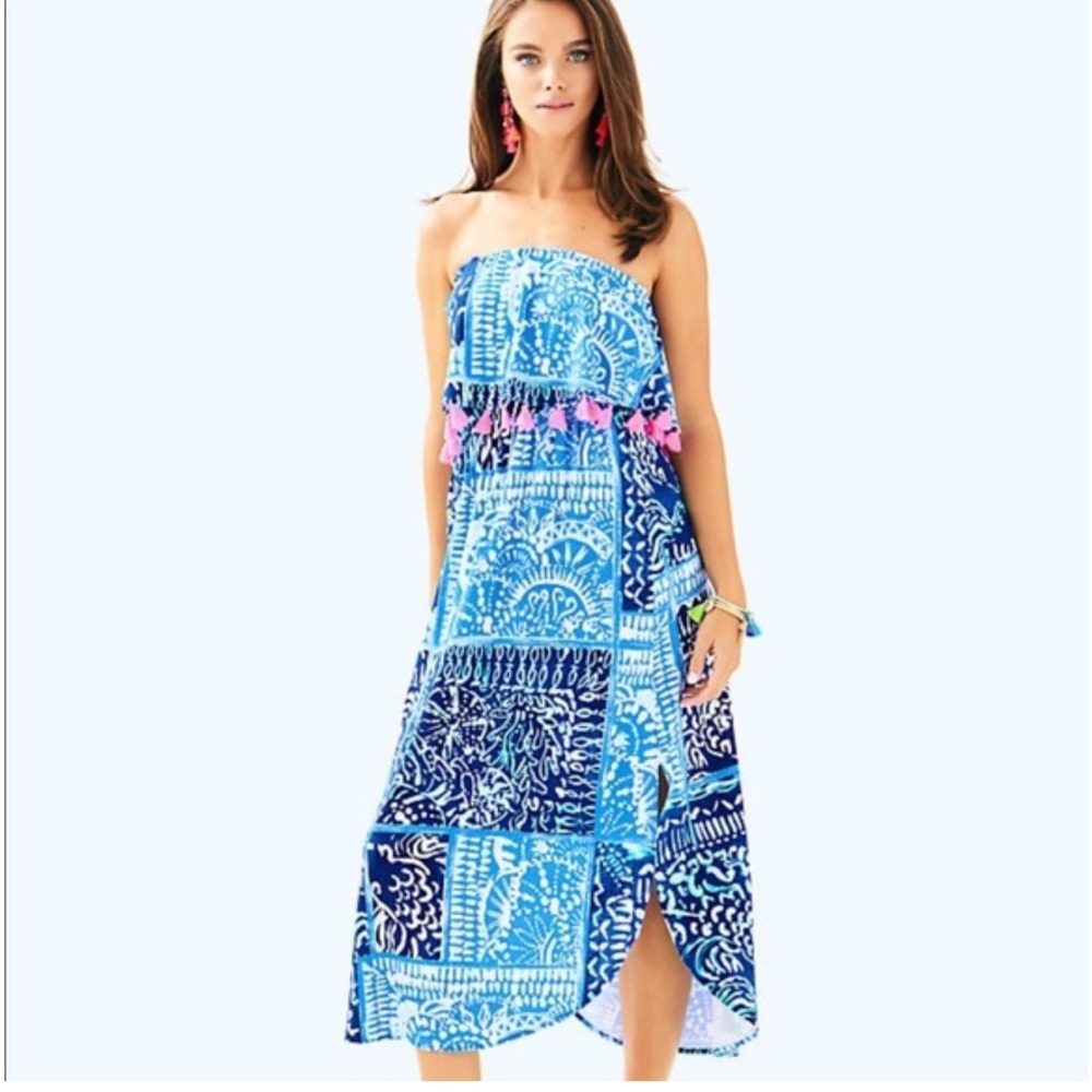 Lilly Pulitzer Meridian Strapless Midi Tassel Dress Blue Pink NWT Size XL